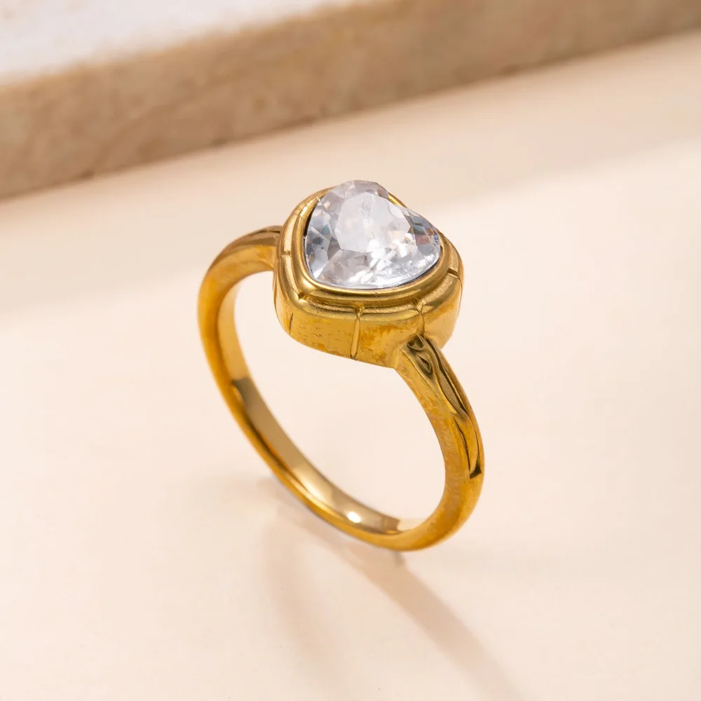 Romantic Stainless Steel Gold Color Shinny Pink Violet Zircon Ring for Women PVD Gold Plated Wedding Jewelry