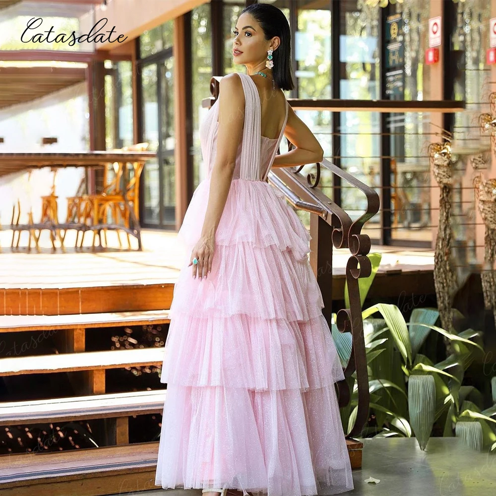 Catasdate Pink Evening Dress A Line Party Dresses for Women Tiered Layers Formal Occasion Dresses Wedding Ceremony Dress