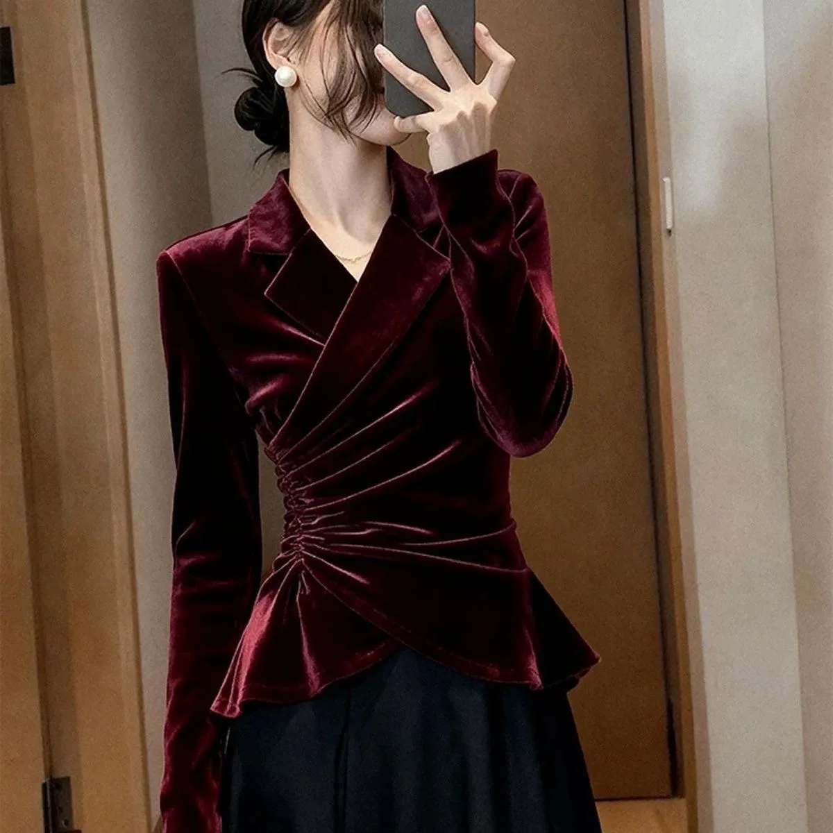 Red Wine Color Velvet Shirt Women's Autumn Winter Slim Fit Shirt with Waist Cinching Folded Design Formal Casual Shirt