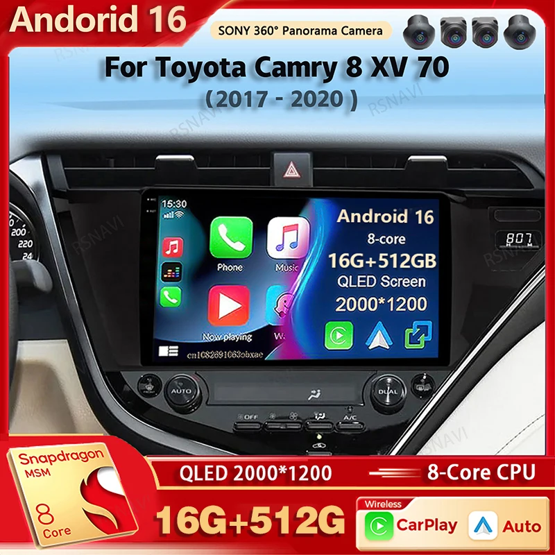 Radio Multimedia para Auto con Android 16 para Toyota Camry 8 XV 70 2017-2020, Auto Carplay, Estéreo para Auto, DSP, wifi+4G, Voz AI, BT, GPS