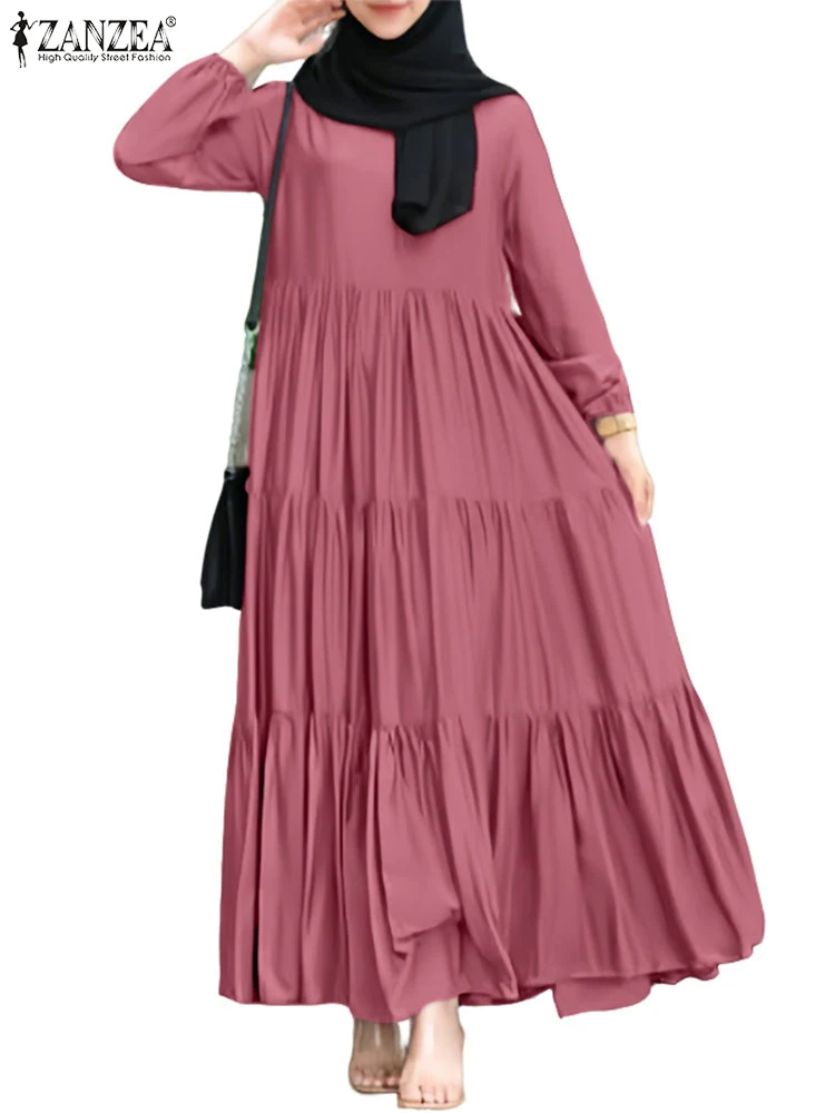 

ZANZEA Long Sleeve Woman A-line Robes Femme Islamic Tiered Fashion Muslim Abaya Maxi Dresses Loose Hijab O-Neck Eid Vestidos