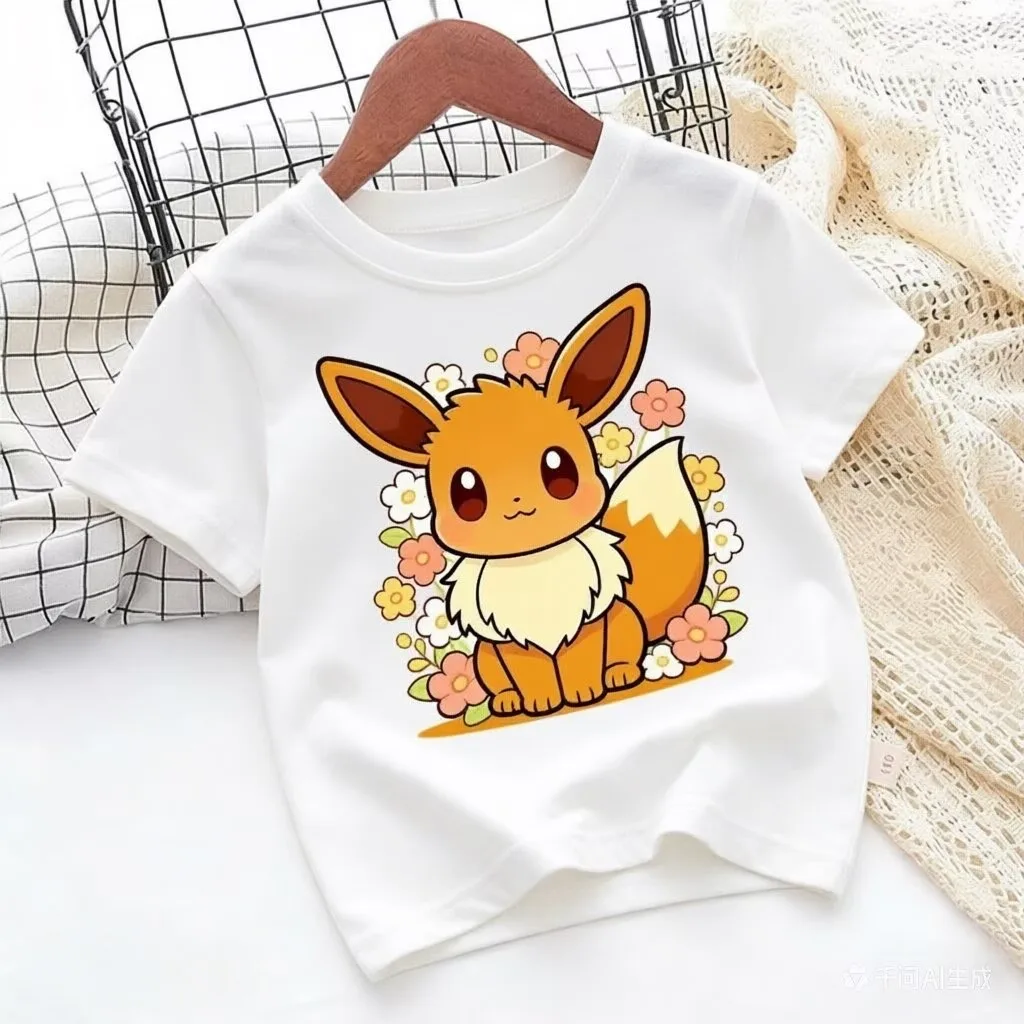 Floral Fox Elf Kids Tee, Cute Sitting Creature Surrounded By Blooms Soft Cotton Top For Little Girls Daily Outdoor Outing