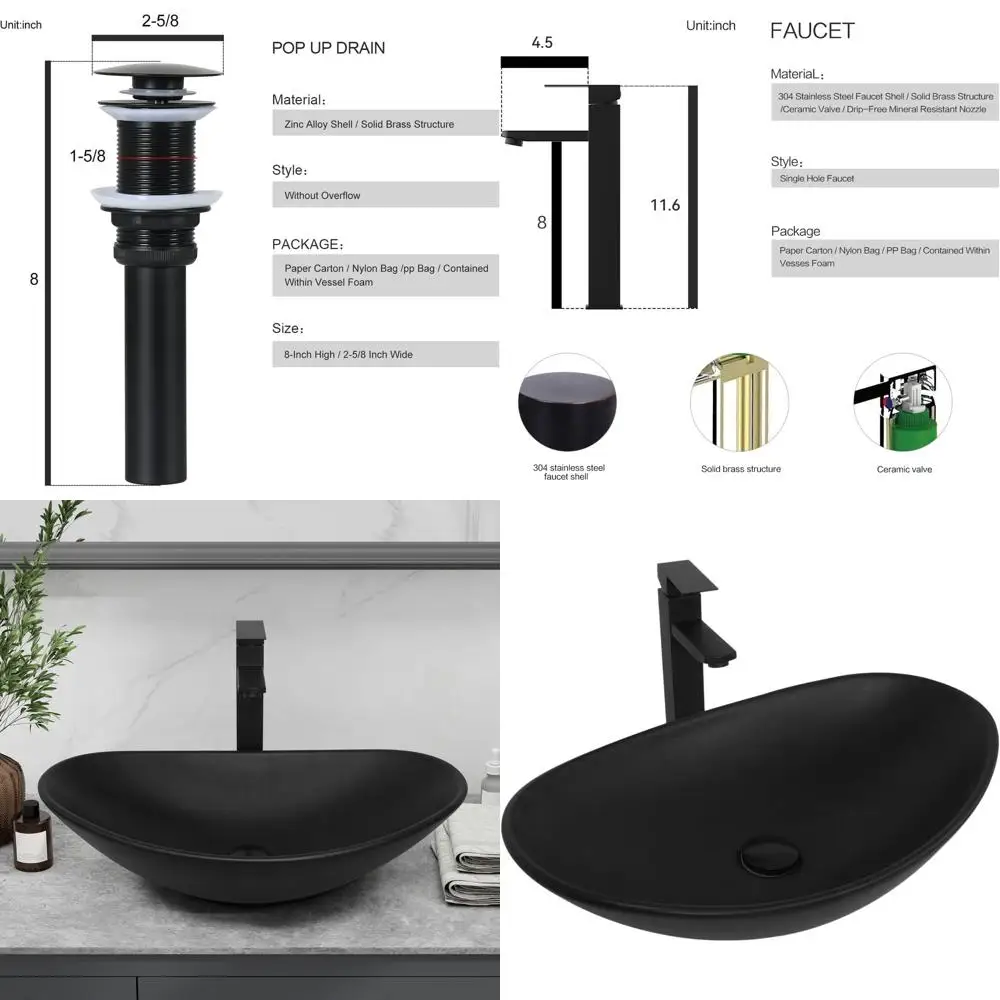 

Черная фарфоровая раковина-чаша в форме лодки для установки на столешницу с черным смесителем и комплектом для слива в стену