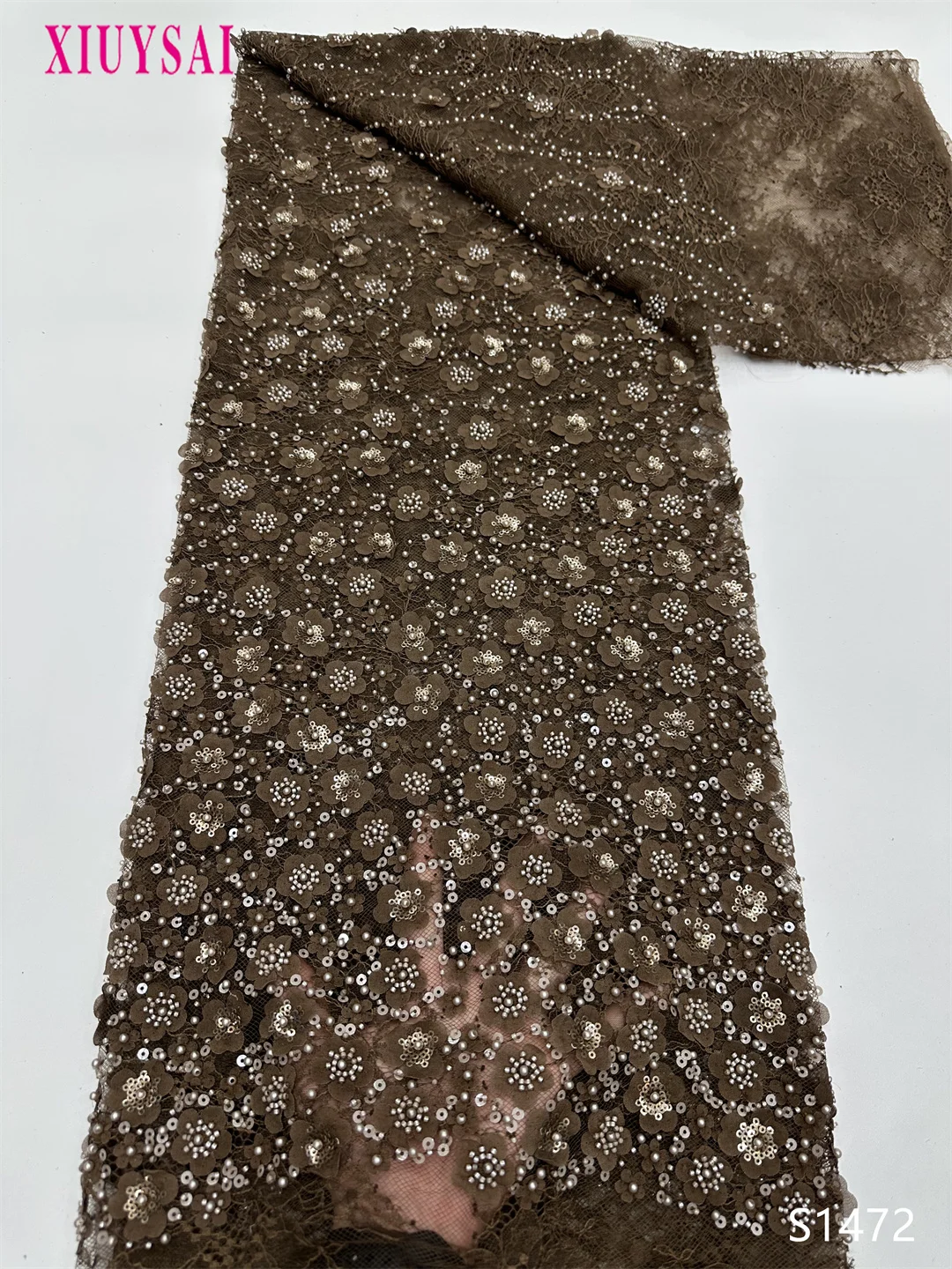 

Brown Handmade 3D Beaded French Net Lace Fabric Flower Embroidery Beads for Wedding Sewing Latest 2026