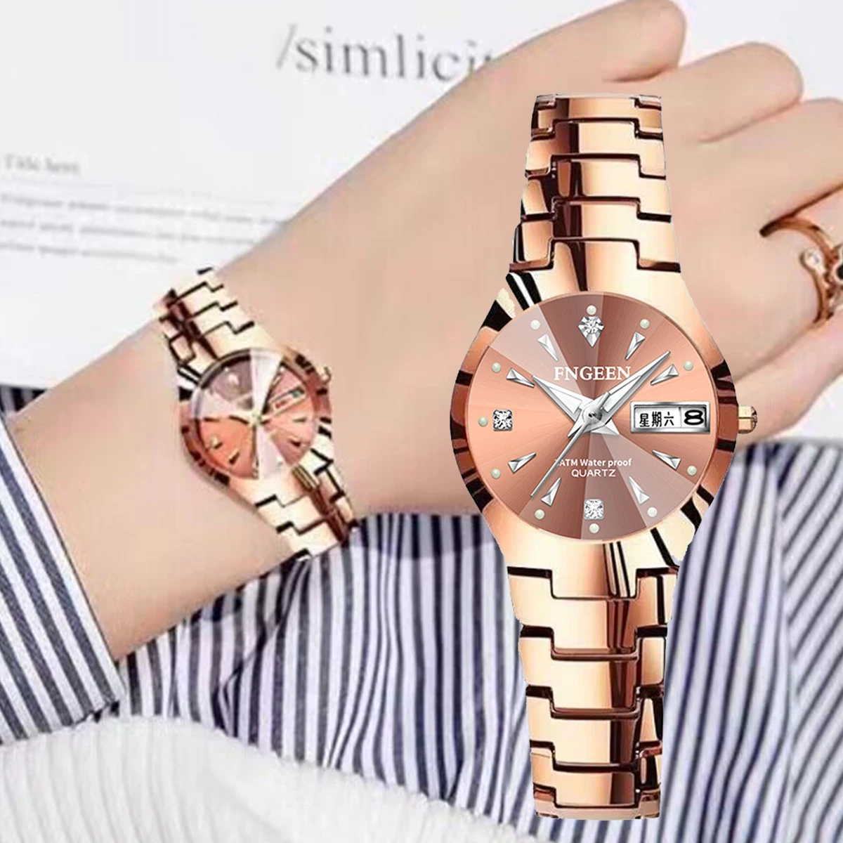 FNGEEN Fashion Women Wrist Watch Luxury Watches for Ladies Men Waterproof Stainless Steel Couple Dating Dress Quartz Wristwatch