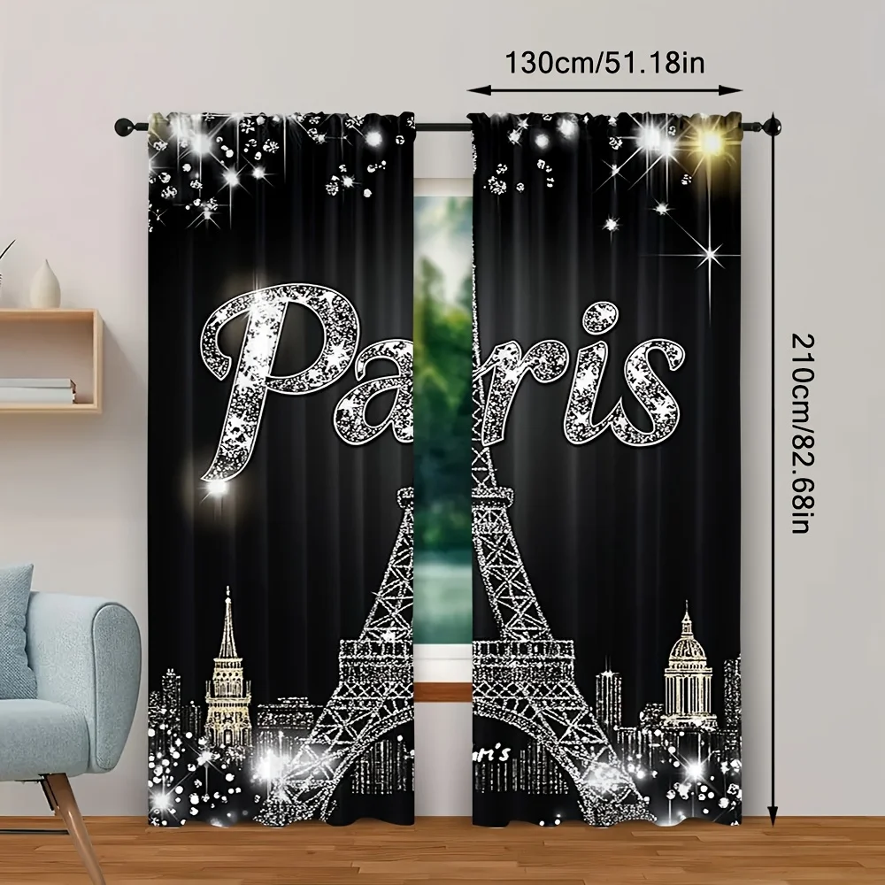 Paris Eiffel Tower Diamond Print Curtains, Black White Cityscape with Sparkling Stars Design Rod Pocket for Living Room Bedroom​