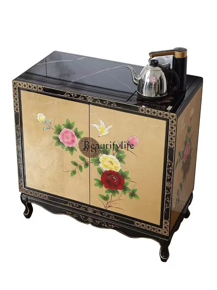 

New Chinese Style Painted Solid Wood Stone Plate Coffee Table Tea Cabinet Small Living Room Storage Wall Sideboard Cabinet