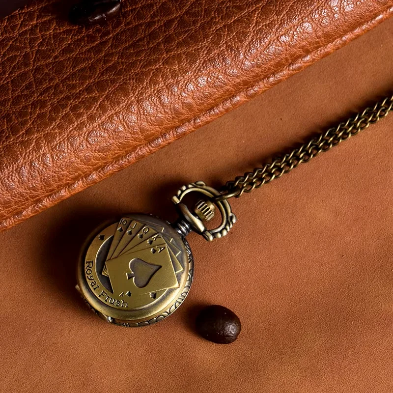 Vintage pocket watch Bronzed iron tie poker quartz watch Shunzi pattern pocket watch flip cover long necklace watch