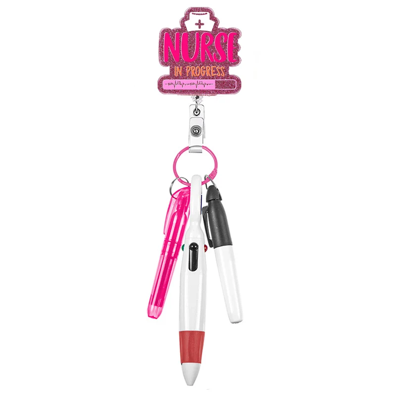 Nurse Pen Set Design Glitter Medicine Bottle Badge Reel Retractable ID Badge Holder With 360 Rotating Alligator Clip Name Holder