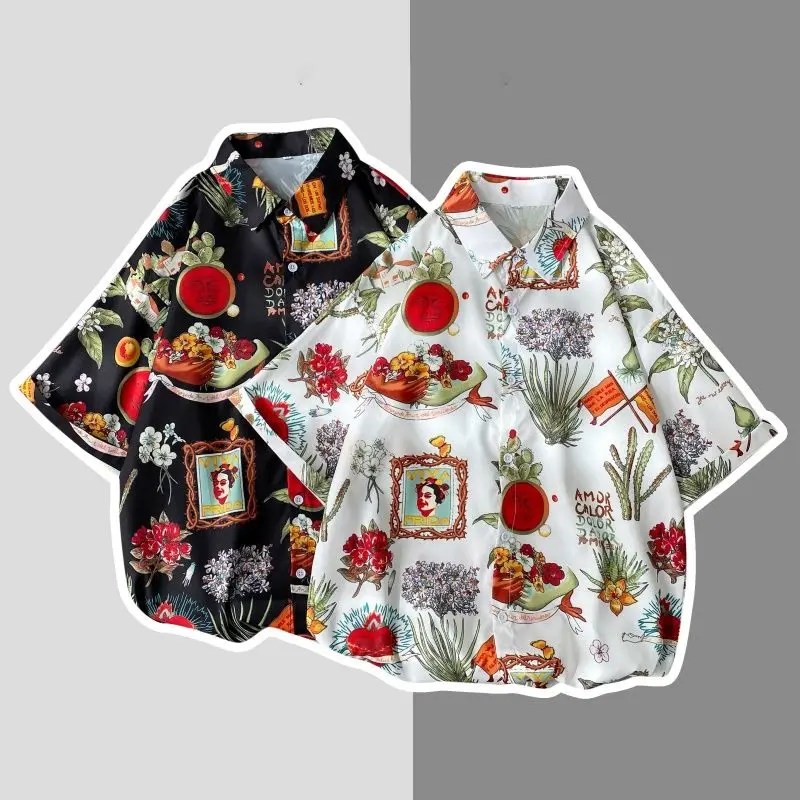Loose Short Sleeve Floral Shirt Men's Casual Summer Hawaiian Style Polyester Fabric Standard Fit No Ironing Required Daily Wear