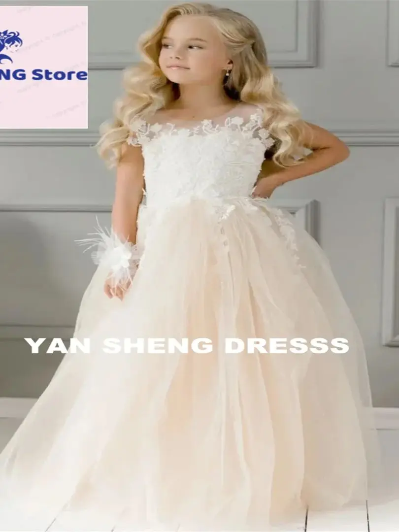 تخصيص البوهيمي تول العاج الأبيض مقوس دانتيل بنات أول زهرة فتاة فستان بالتواصل ثوب صغار فستان وصيفة الشرف