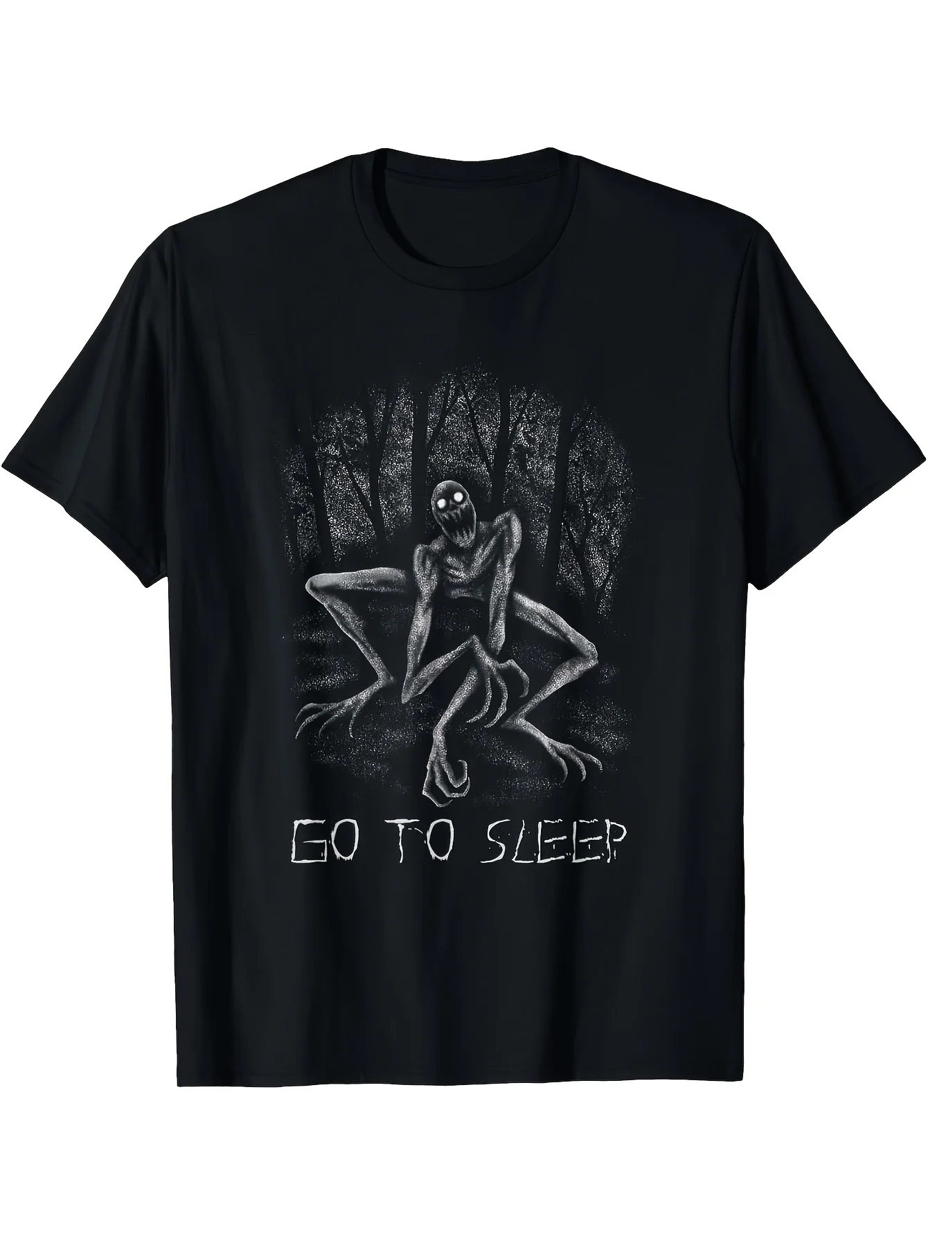 Camiseta de terror S-level Thrilling Rak Monster Tales - Parte inferior negra, estampado blanco de Rak Monster e icónico 'Go To Sleep'