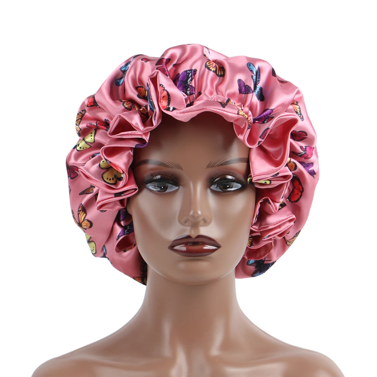 Rosa Schmetterling, doppellagig, verstellbar, Satin-Mütze, Haarschutz, Jungfrau-Schlafmütze für Frauen und Mädchen
