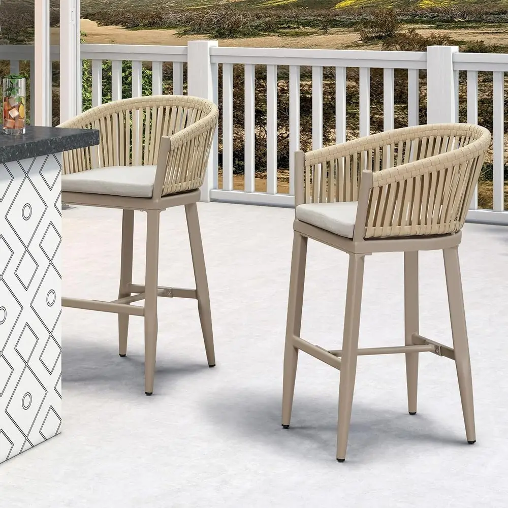 

Set of 2 Outdoor Metal and Wicker Bar Stools with Cushions for Patio, Balcony, or Indoor Use