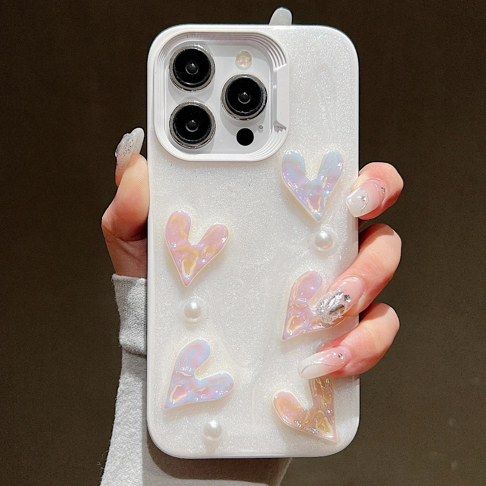 Luxury Bling Glitter 3D Love Heart Phone Case for Iphone 14 13 12 11 15 Luminous TPU Drop Glue Lens Protection Bumper Back Cover