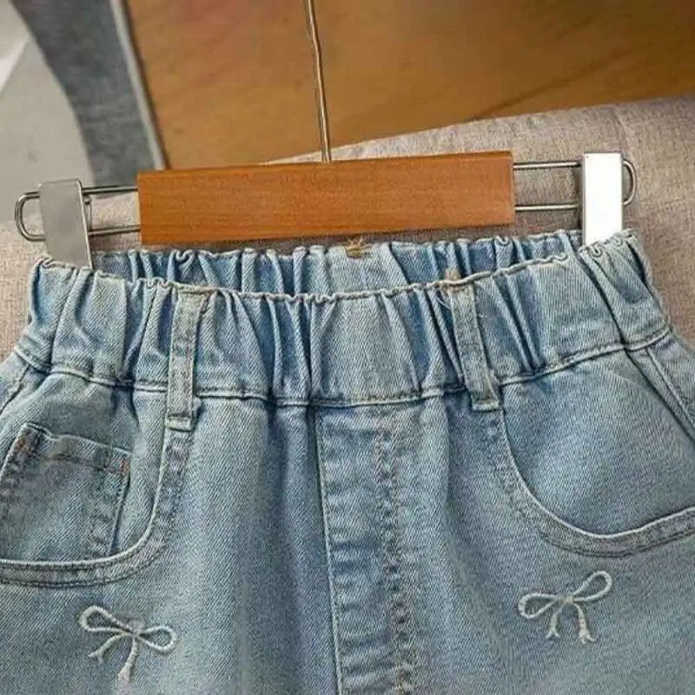 Fashion Bow Embroidery Girls Denim Shorts Breathable Elastic Waist Short Jeans Sweet Soft Summer Shorts