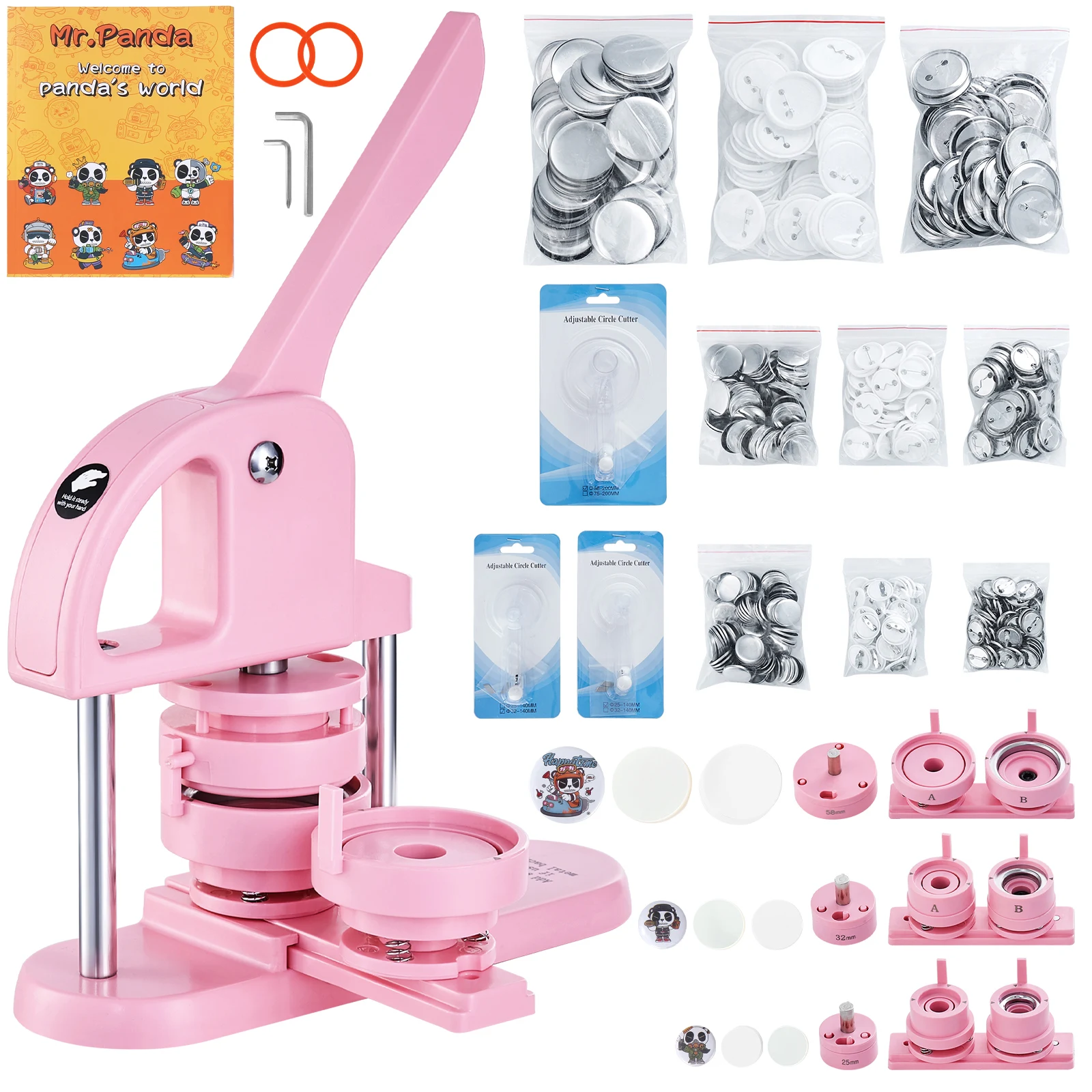 3-IN-1 Button Maker, 1/1.25/2.28 inch(25/32/58mm) Pin Maker, 300pcs Button Parts, Button Maker Machine with Panda Magic Book, Ergonomic Arc Handle Punch Press Kit, Pink