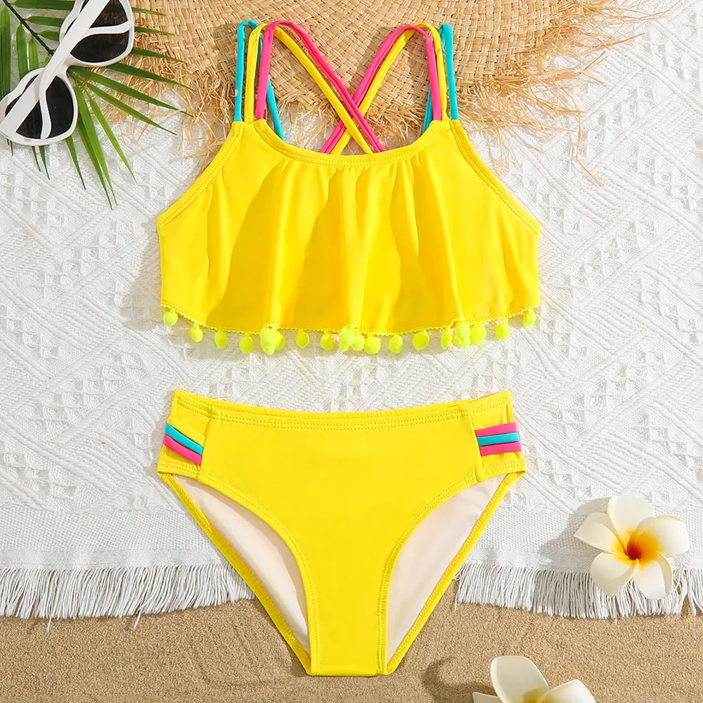 Girls Solid Ruffle Flounce Bikini Swimsuit Kids Criss Cross Back Two Piece Children\'s Swimwear 5-12 Years Bathing Suit Beachwear