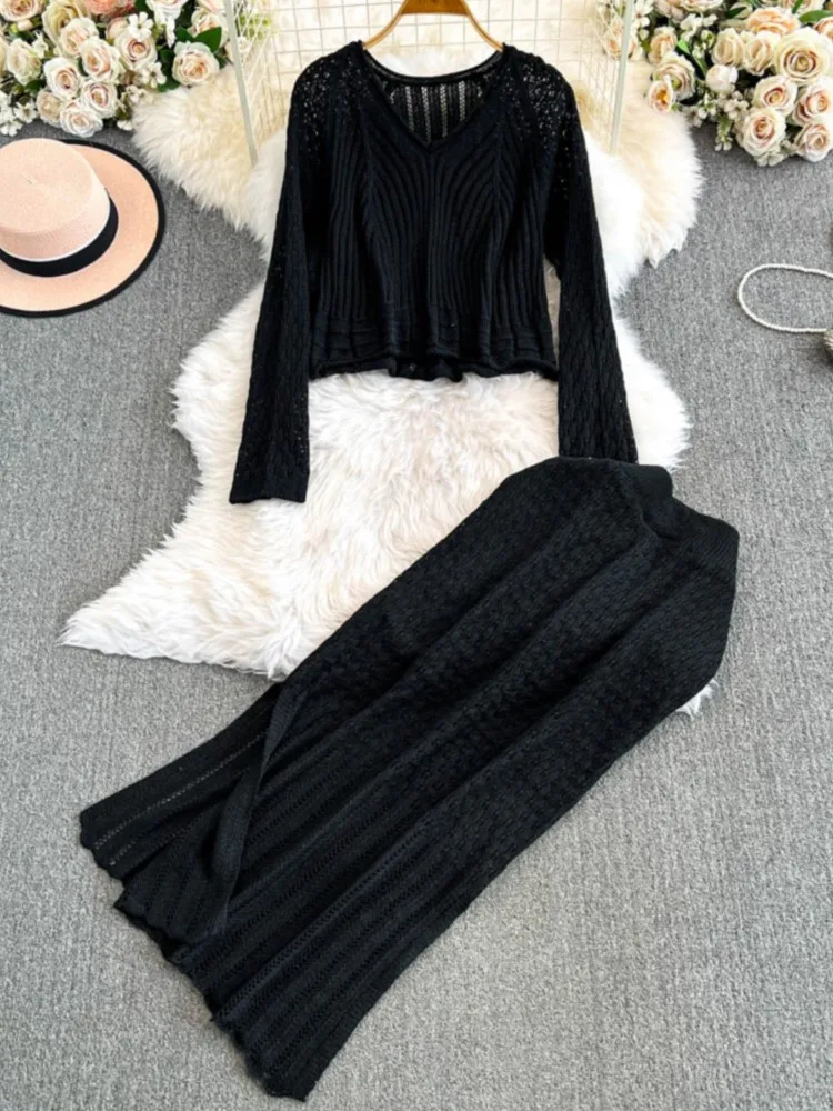 Autumn Women Elegant Casual Knitted Skirt Suit Hollow Out V-Neck Tank Tops Sexy Slim Midi Saya Two Piece Set Female Outfits New