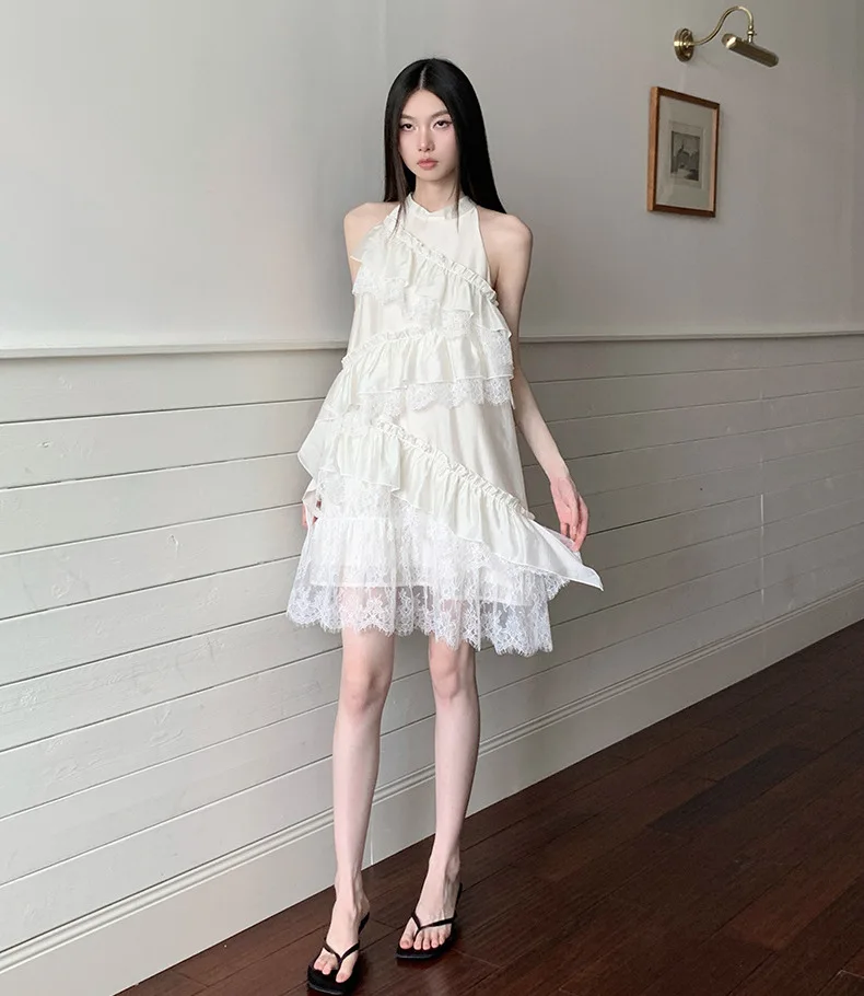 Francês elegância renda-painel de malha branca babados em camadas bolo saia para mulheres verão sem mangas príncipes fada mini vestido linha a