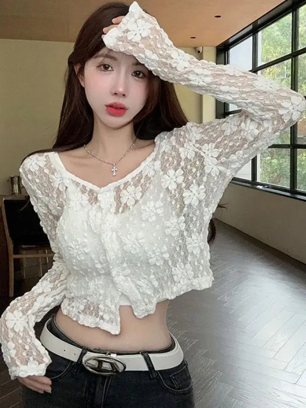 

Короткий кардиган Sweet Spicy Girl с кружевными вставками и длинными рукавами, женская верхняя одежда для защиты от солнца весна-лето, универсальный топ