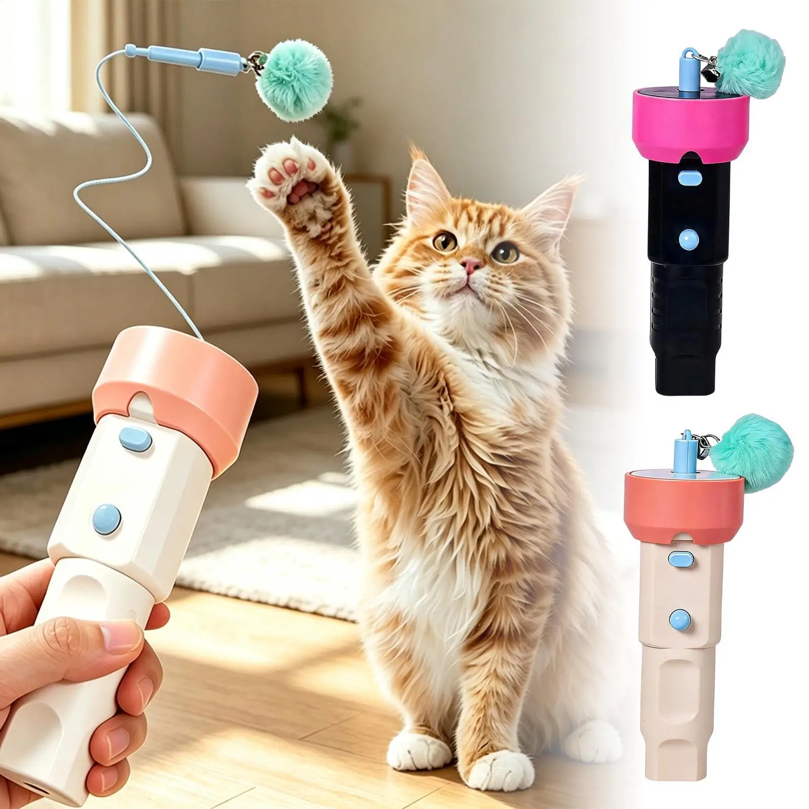 Electric Cat Teaser Rechargeable Retractable Wand with Fuzzy Ball Interactive Toys Indoor Cats for Indoor Kitten Play Boredom