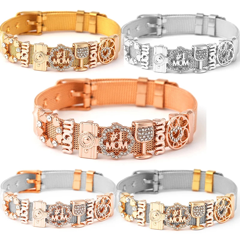 High-Quality 10mm MOM Heart Beads Charm Bracelets DIY Stainless Steel Mesh Keeper Bracelets Pulseras Mujer For Women Men Jewelry