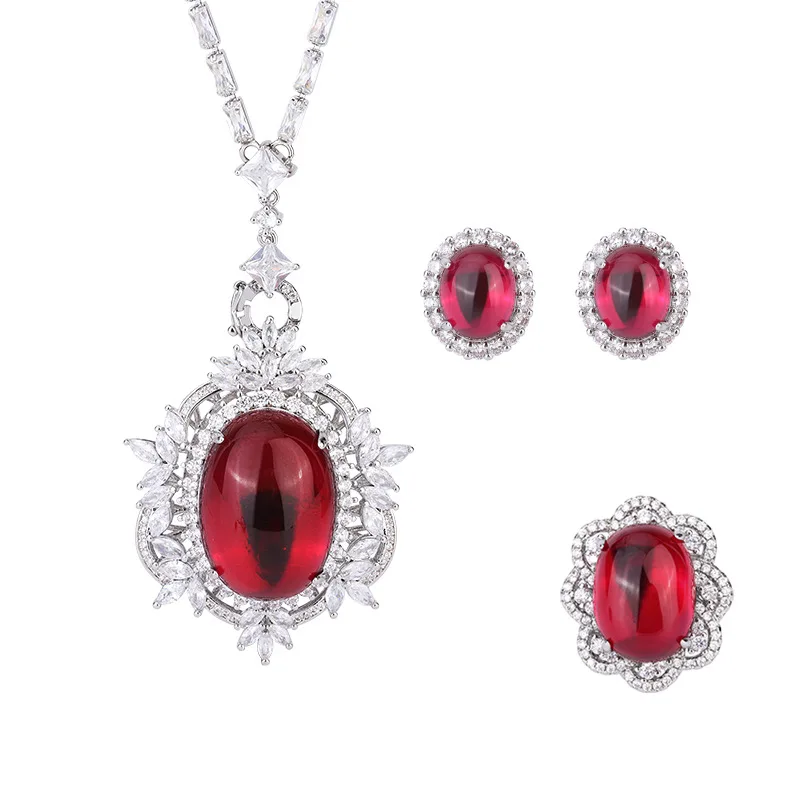 Jewelry Gold-Plated Internet Celebrity Retro Dan Shape Red Corundum Plain Full Diamond Inlaid Set Main Stone