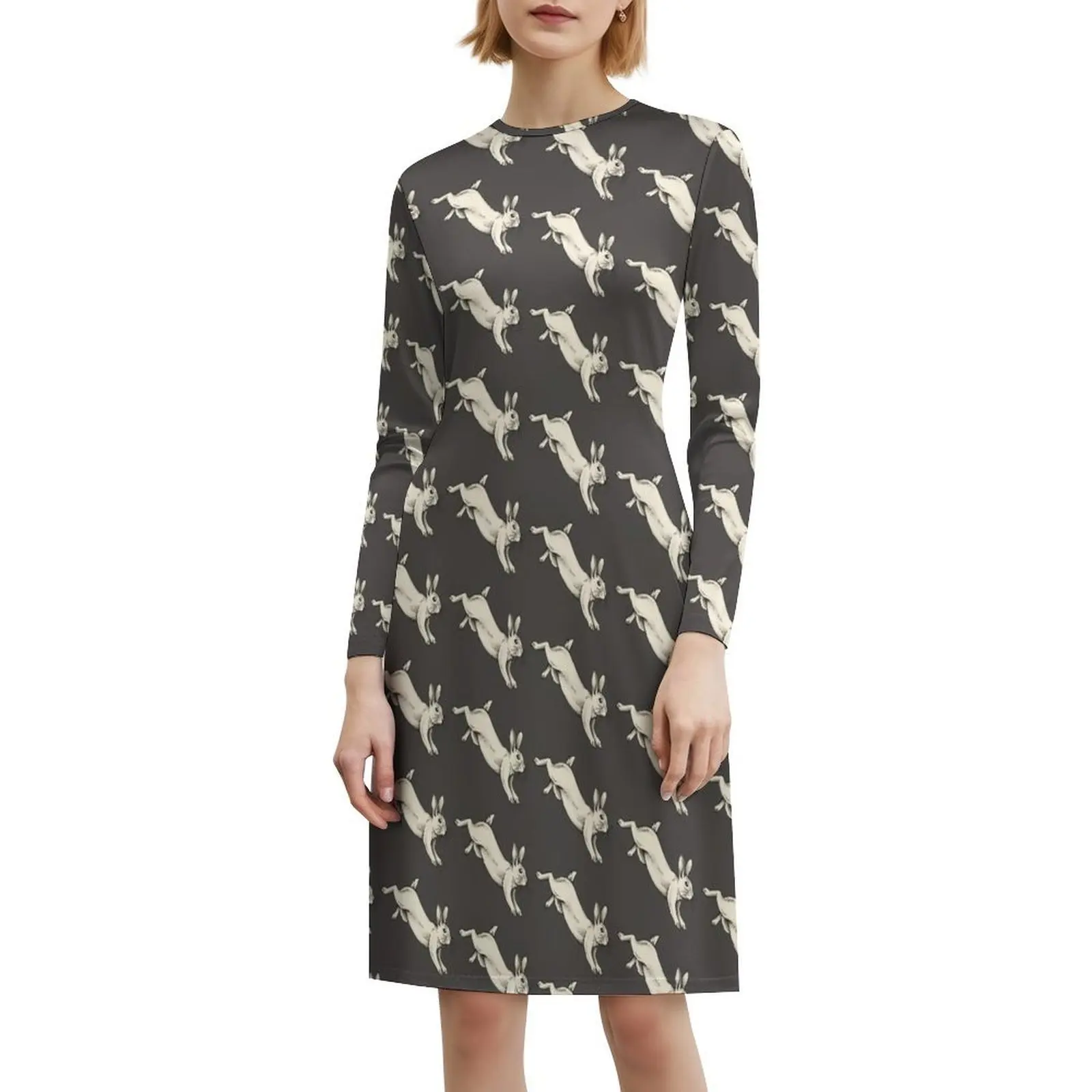 لطيف الأبيض الأرنب الأبيض أرنب ساحر ملصق Forestcore الكورية نمط فستان للنساء فستان كاجوال أنيق للحزب أو يوميا