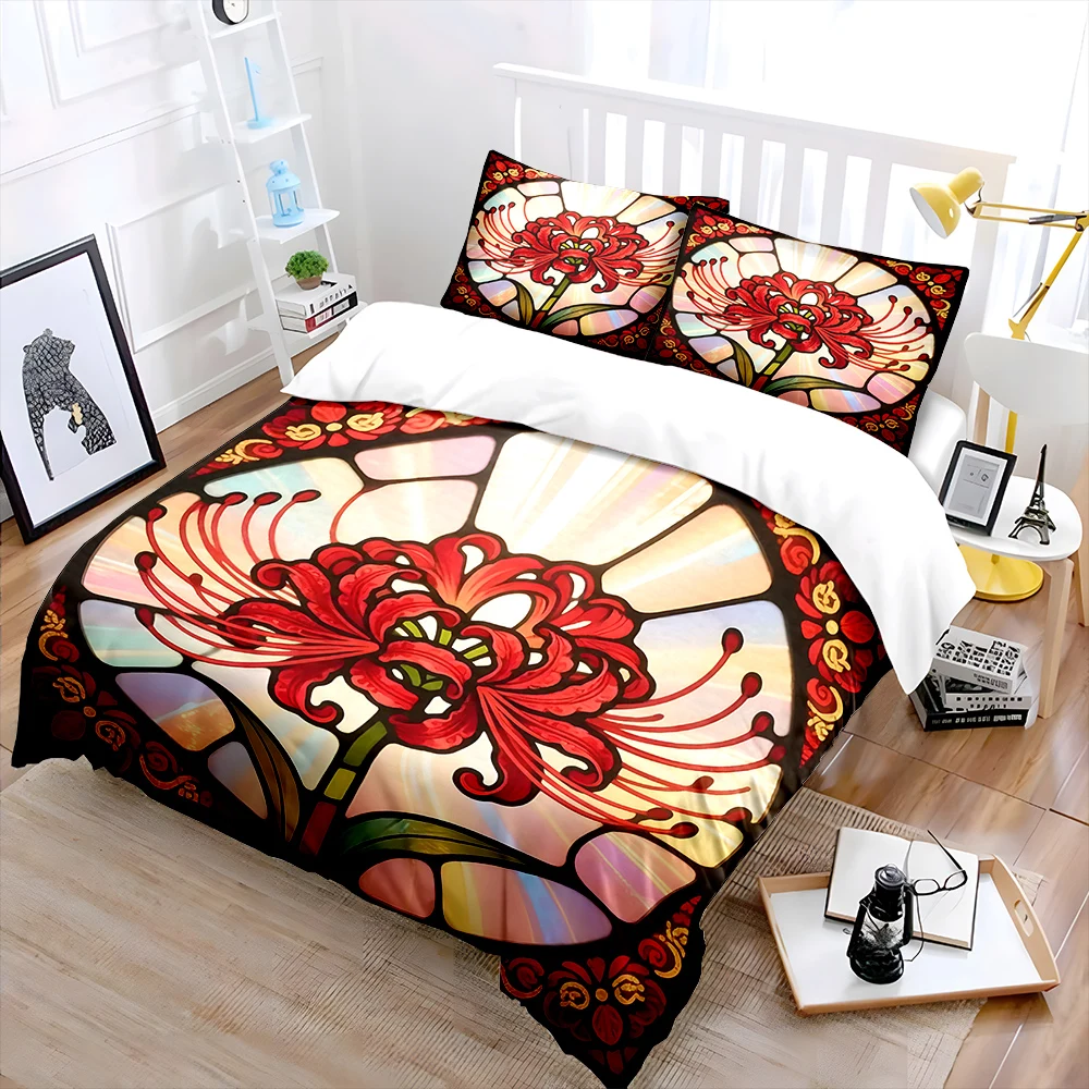Stained glass red spider lily design Print Soft Comfortable Duvet Cover Bedding Set Included 1*Duvet Cover  2*Pillowcases