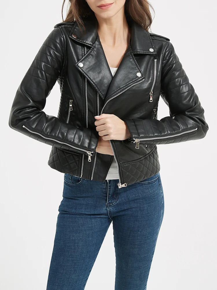 Ailegogo-Chaqueta corta de cuero sintético para mujer, abrigo de Moto con cremallera, color negro, ropa de calle para primavera y otoño, novedad