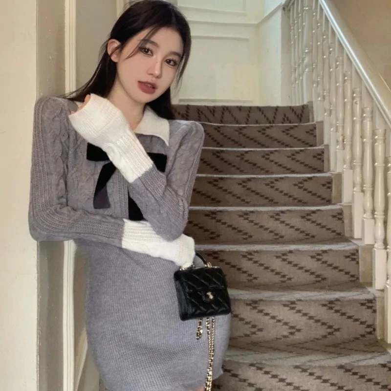 فستان نسائي منسوج بفيونكة عروض عالية الجودة موضة كورية مريحة كاجوال أساسية جديدة في فساتين كروشيه نسائية وردية #2