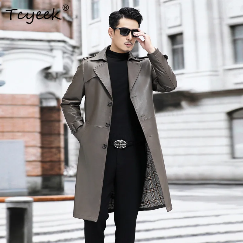 

Tcyeek Real Leather Man Jackets Top Layer Sheepskin Coat Casual Autumn Men Clothing Over Knee Trench Coats Jaqueta De Couro