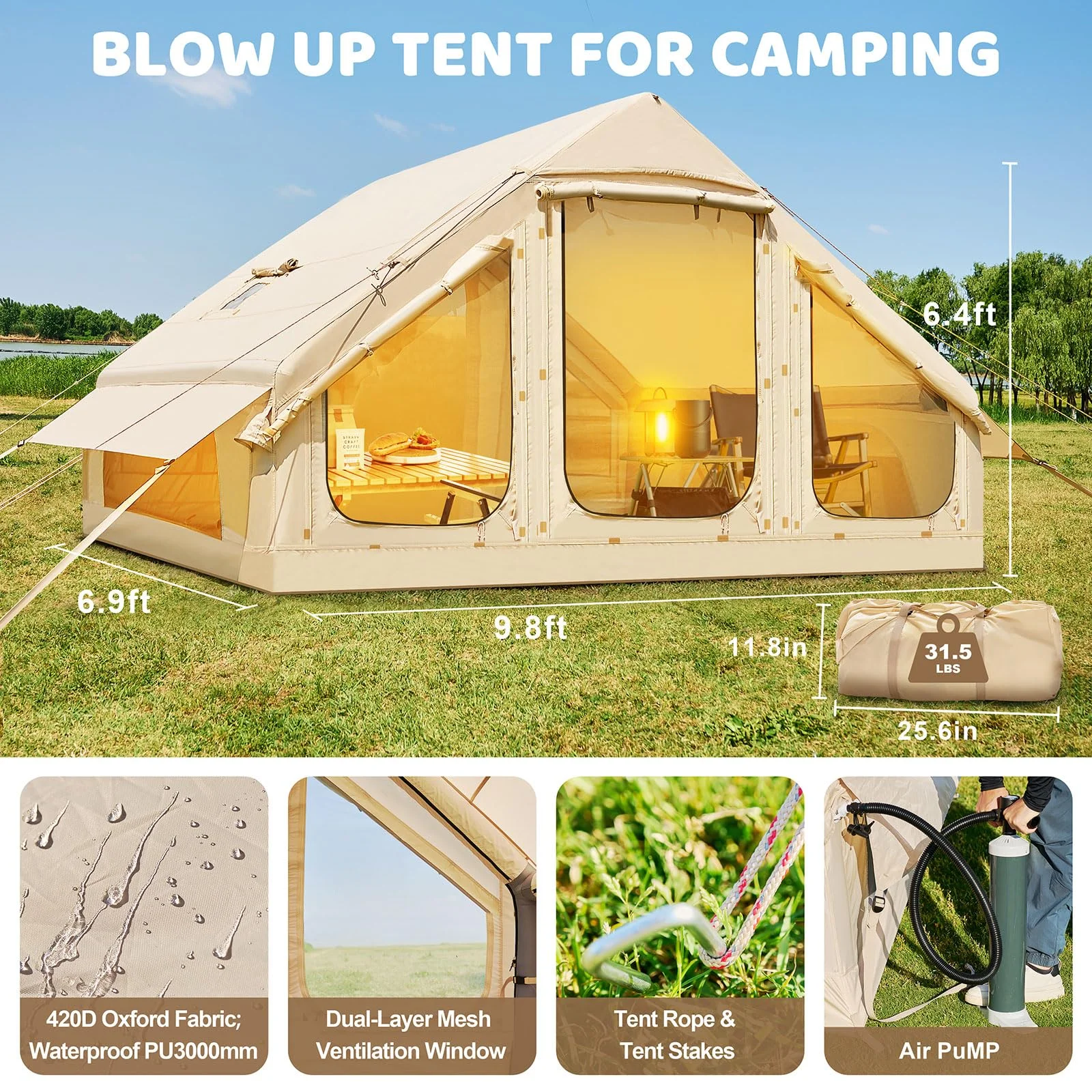 Inflatable Camping Tent 4/5Person Large  Single Layer Oxford PVC Portable Quick Setup 2-Door Pump Waterproof Living Room