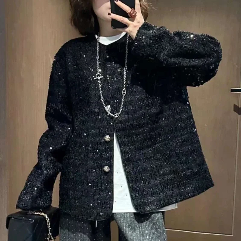 Black Tweed Jacket for Women, Designer, Small Fragrant, Sequined Woven, Bearded Fringes, High Quality, Basic, Autumn, Winter,