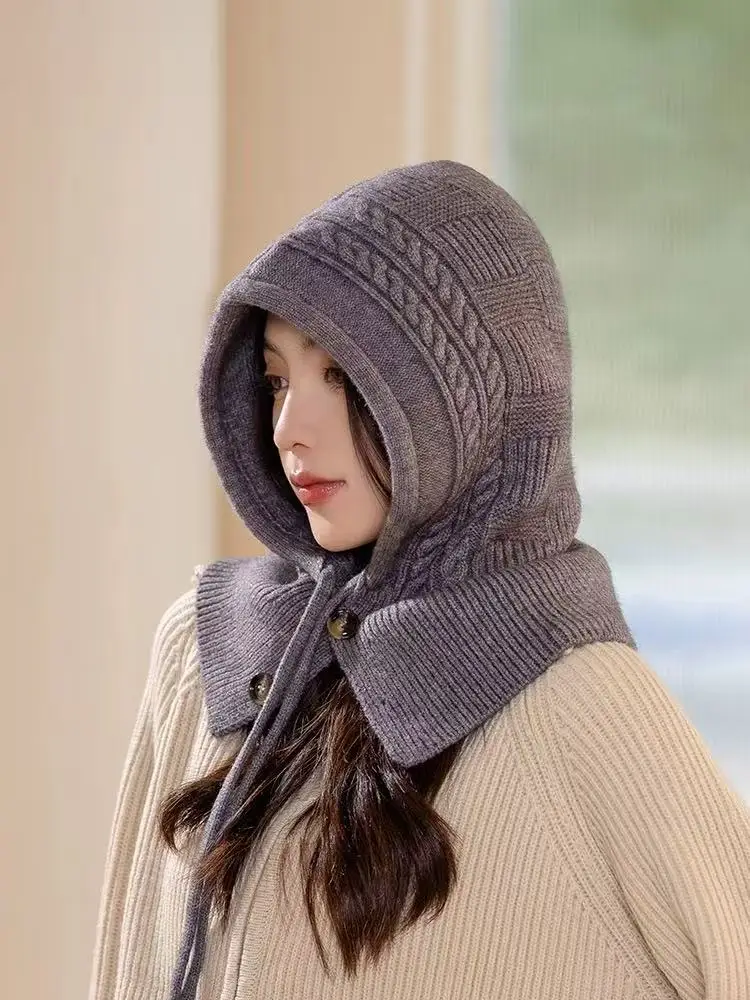 

Women's 100% cashmere pullover hat knitted thick couple ear protection hat winter lazy style balaclava Cap scarf one-piece hat