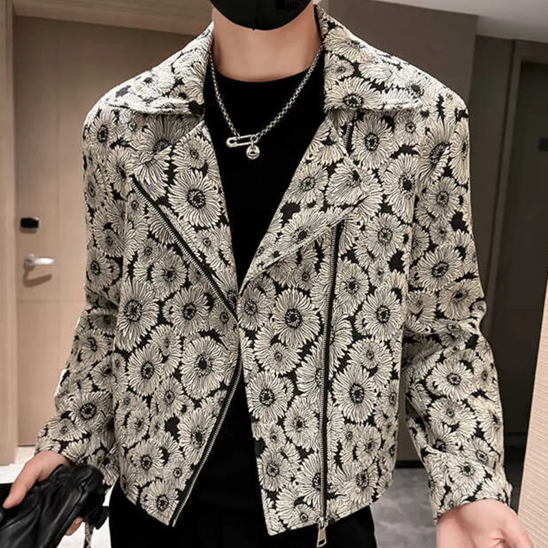 자수 자카드 남성용 꽃무늬 재킷, 빈티지 봄버 재킷, 스트리트웨어 클럽 복장, 가을 복장
