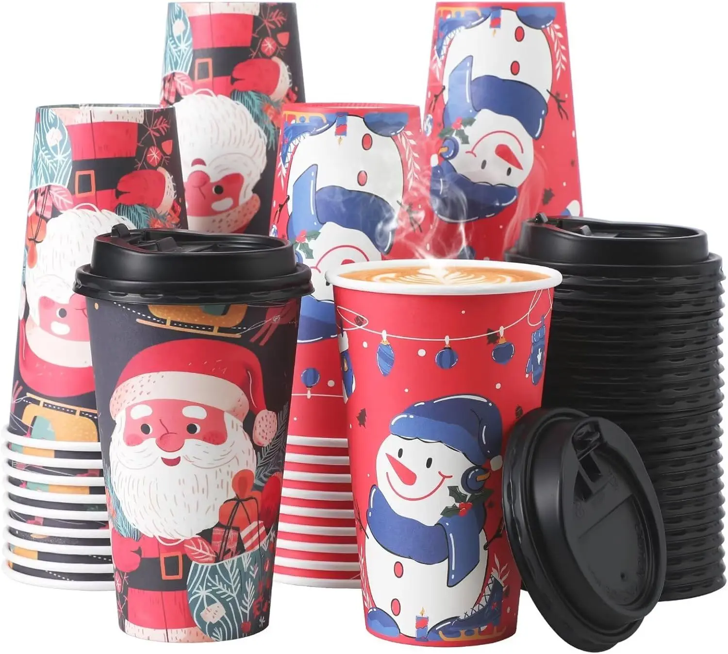 100 Pack 16 oz Christmas Coffee Cups with Lids, Holiday Disposable Paper Cups for Xmas Party Drinks, Hot Cocoa, Hot Chocolate