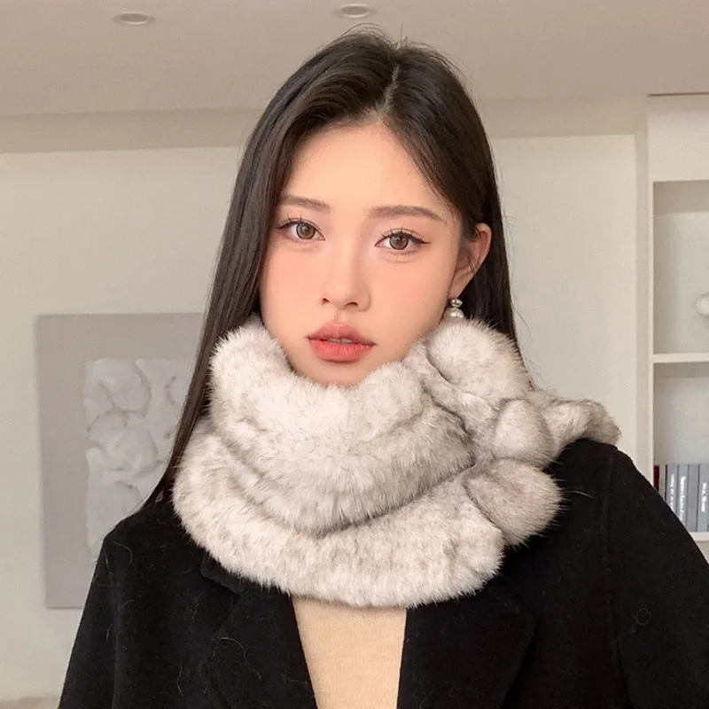 Real Rex Rabbit Fur Scarf For Women Winter Thickened Warm Plush Ball Fur Scarf Furry Fur Real Fur Collar Neck Warmer Ring Scarf