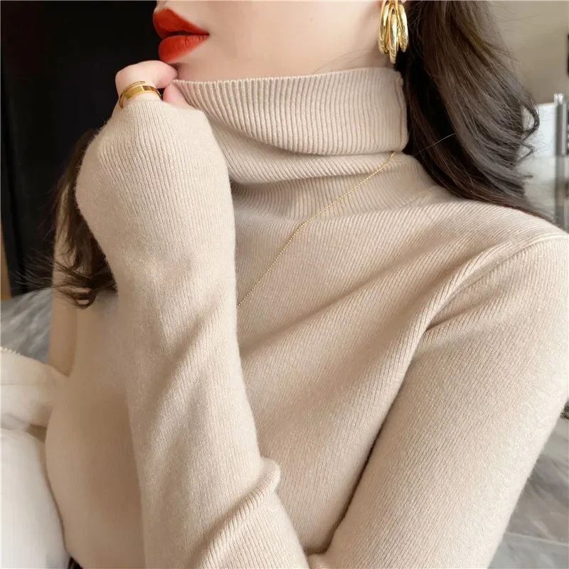 Atasan rajut wanita Retro Prancis, atasan Sweater Turtleneck ramping kasual lengan panjang warna Solid 31106 musim gugur