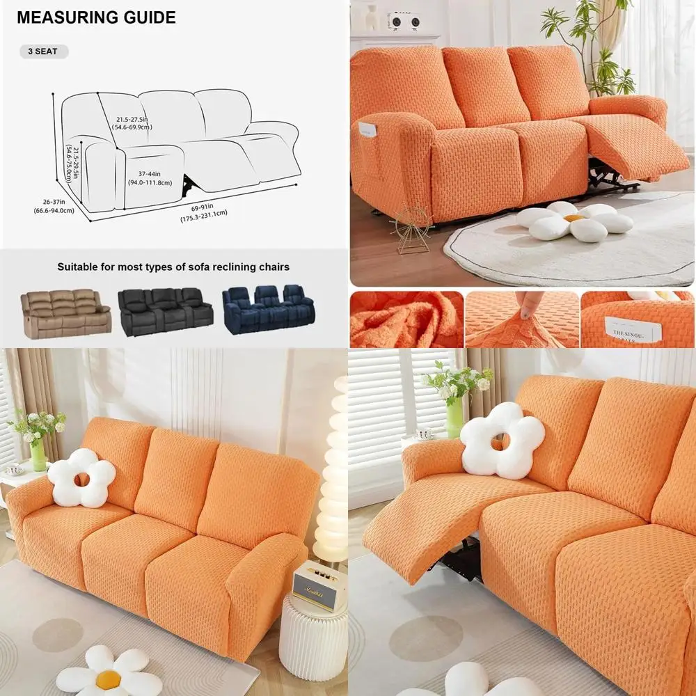 

Orange 3-Seat Jacquard Stretch Sofa Cover with Elastic Bottom, Anti-Slip for Kids & Pets, Plush Recliner Couch Protector