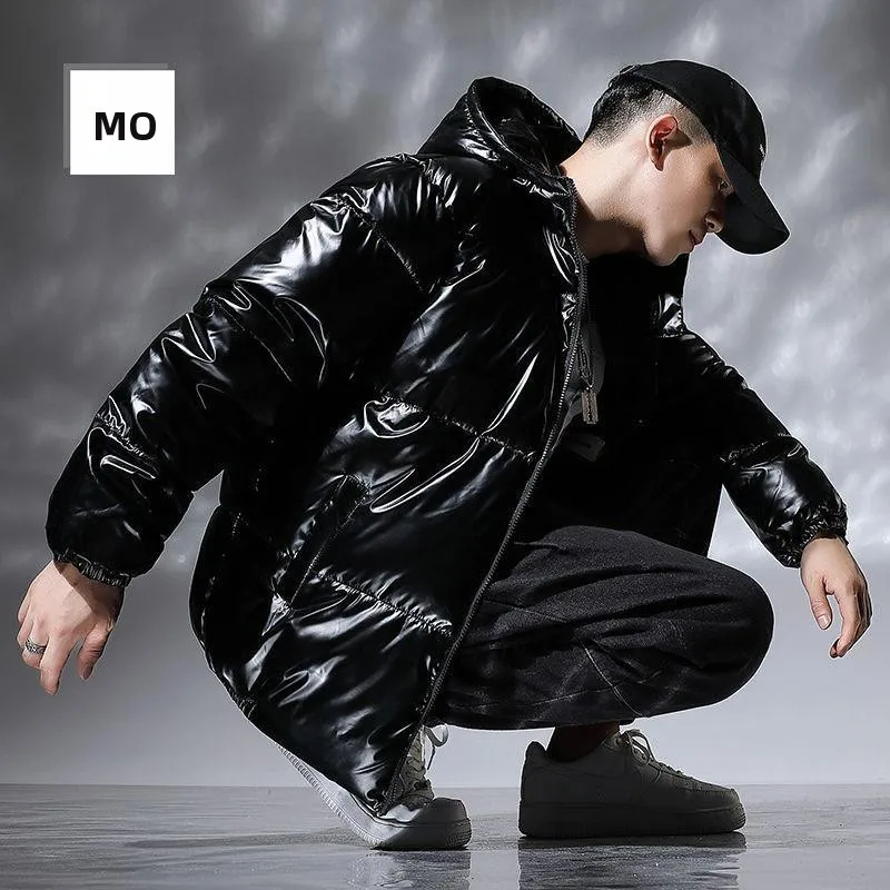 

Men's Bright Leather Cotton Jacket Thickened Winter Fashion Bread Style Short Coat Casual Loose Fit Large Size Zipper Closure