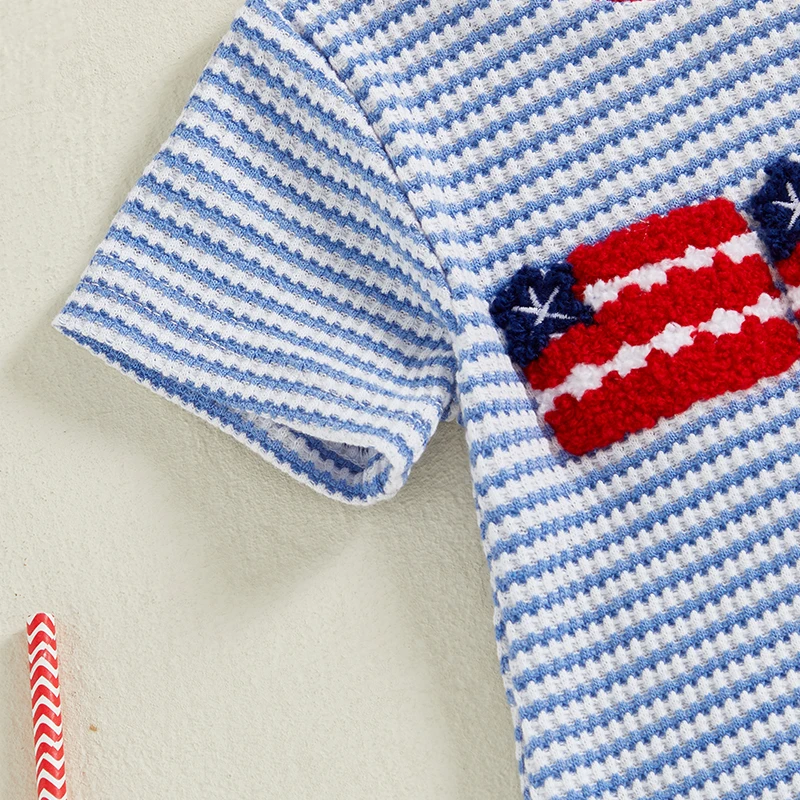 Mono patriótico para bebés, pelele informal de manga corta con estampado de rayas y bordado de bandera para recién nacidos, ropa bonita