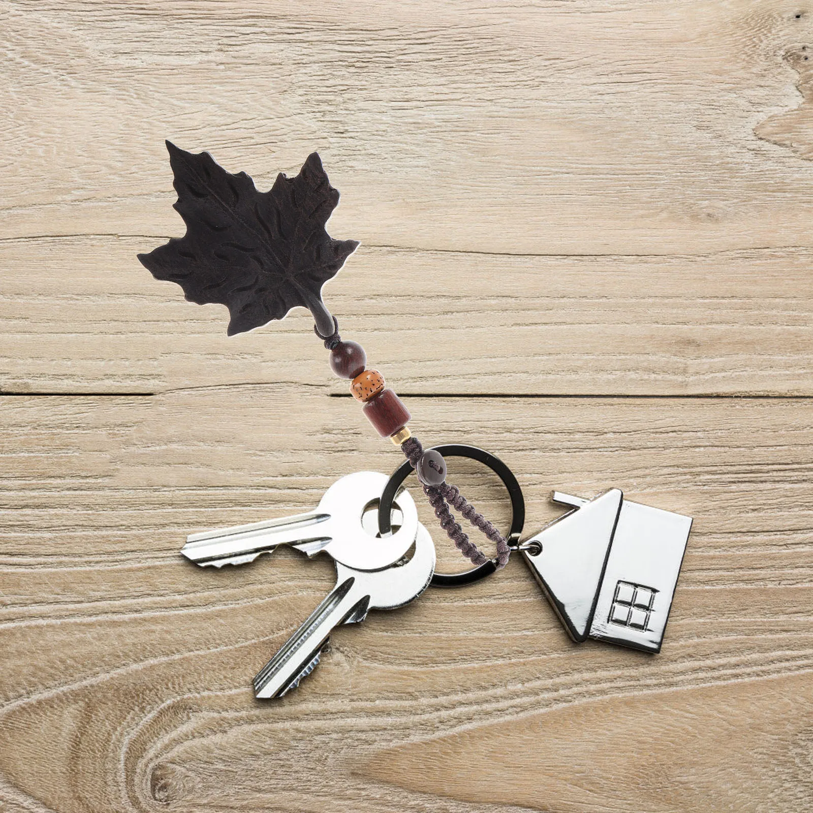 Handmade Wood Carved Leaf Keychain Anti-Loss Function Decorative Maple Pendant Car Key Holder Phone Charm Autumn Fall Jewelry