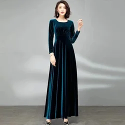 Noble Women's Clothing Lady's 2024 Autumn Gold Velvet Long-Sleeved Dress Waist Temperament Large Swing Long Dresses Women