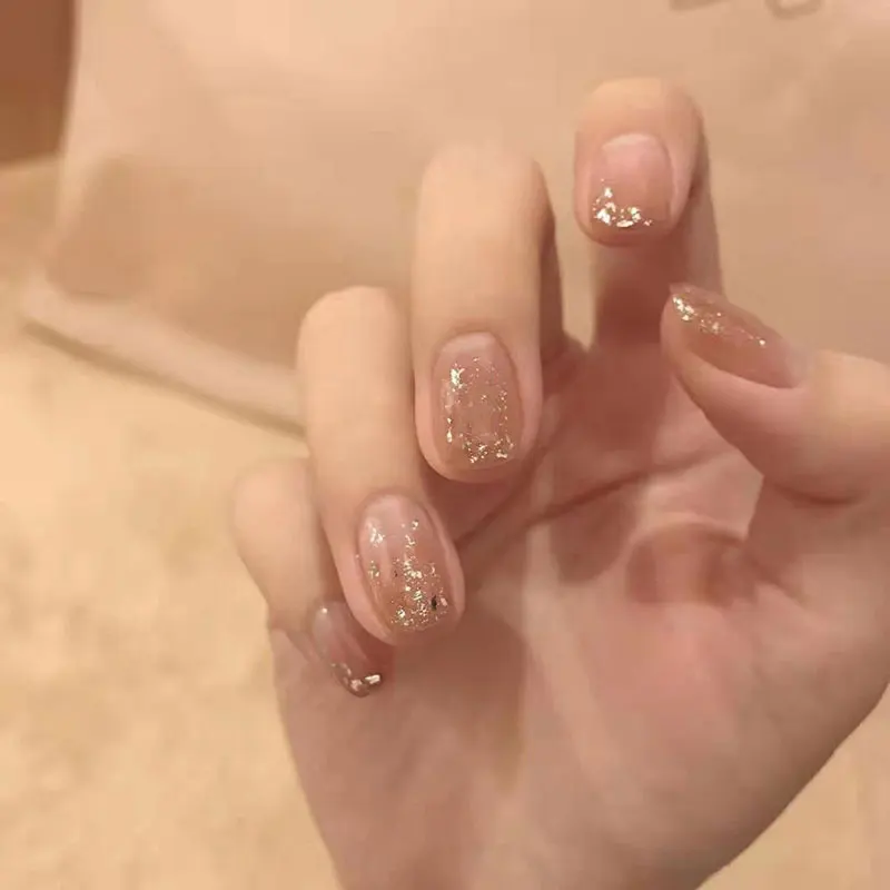 24pcs/box Wearable Milk Tea Gradient Gold Foil Nail Art, Simple, Sweet, Whitening, Waterproof Short False Nails