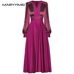 MARYYIMEI Fashion Runway Women's V-Neck Lantern Long Sleeve Persian Grass Hand-Nail Beads Big Swing Closed Waist In Dress