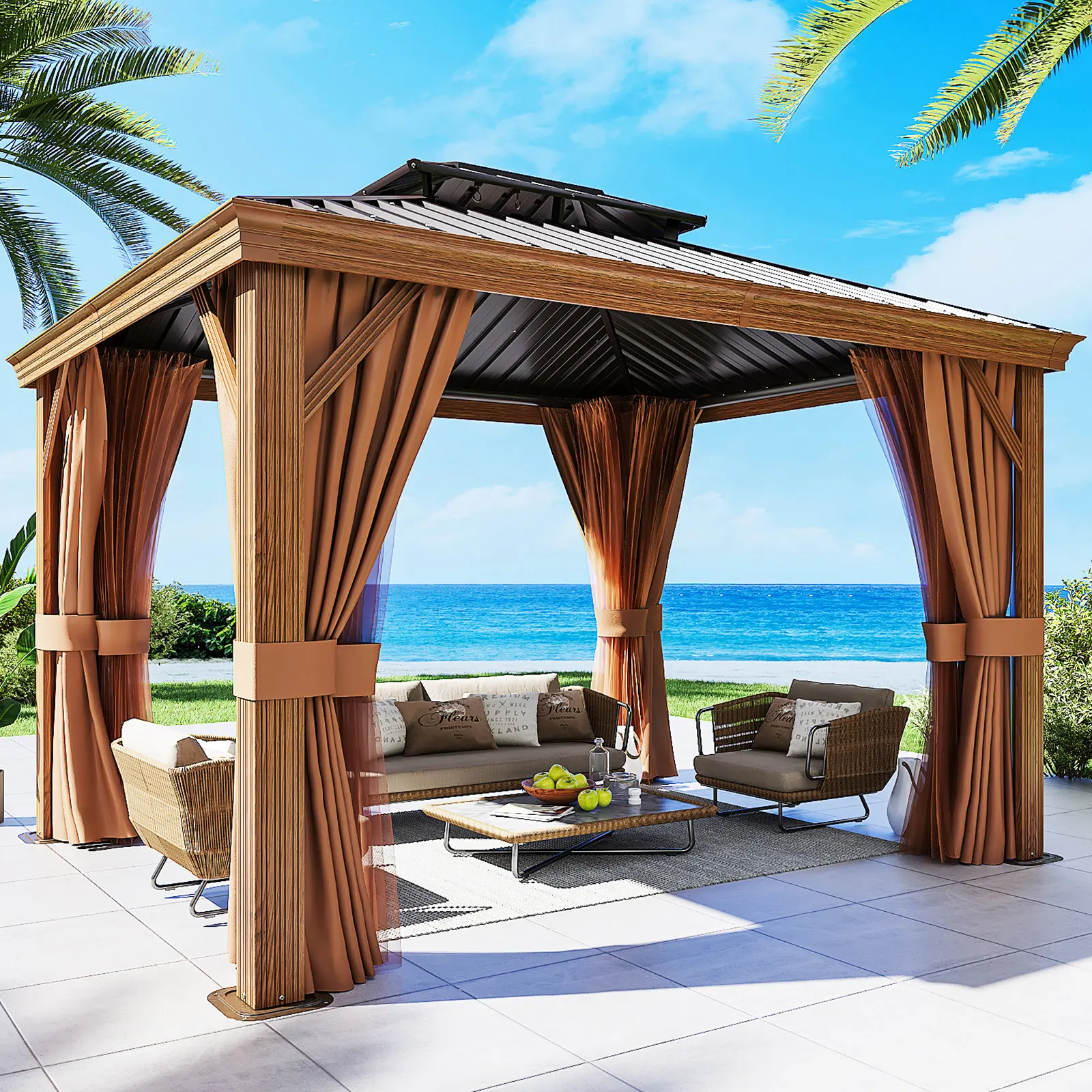 12Ft. W x 10Ft. D Outdoor Cedar Framed Gazebo with Steel Hardtop Permanent Wooden Finished Pavilion