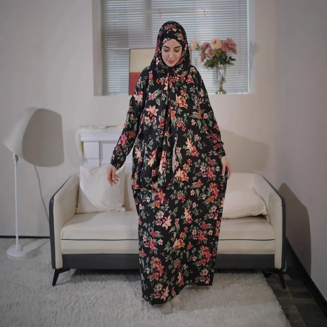 

Muslim Fashion Abaya Print Long-sleeved Two-piece Ababya Orange Red Muslim Female Dress Fashion Muslim Dresses