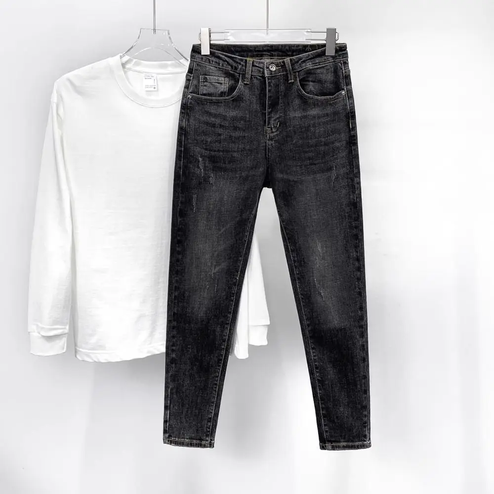 

Brand Clothing Men Washed Gray-black Men's Tapered Slim-fitting Small-footed Jeans Men's 2026 New Men's Elastic Casual Jeans